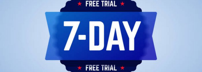 The 7 days free trial emblem. It can be used for application, software promotions for free downloads. Round vector badge with blur glass effect.